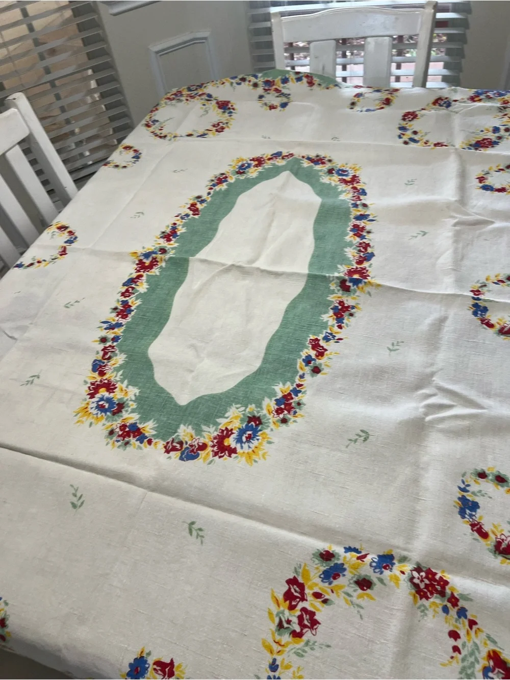 Vintage 1950's Floral Tablecloth 50X64 Heavy Linen-like Woven MCM Cottage/Farm